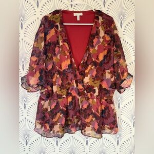 Red and Orange Wrap Ruffled Blouse 3/4 Sleeve